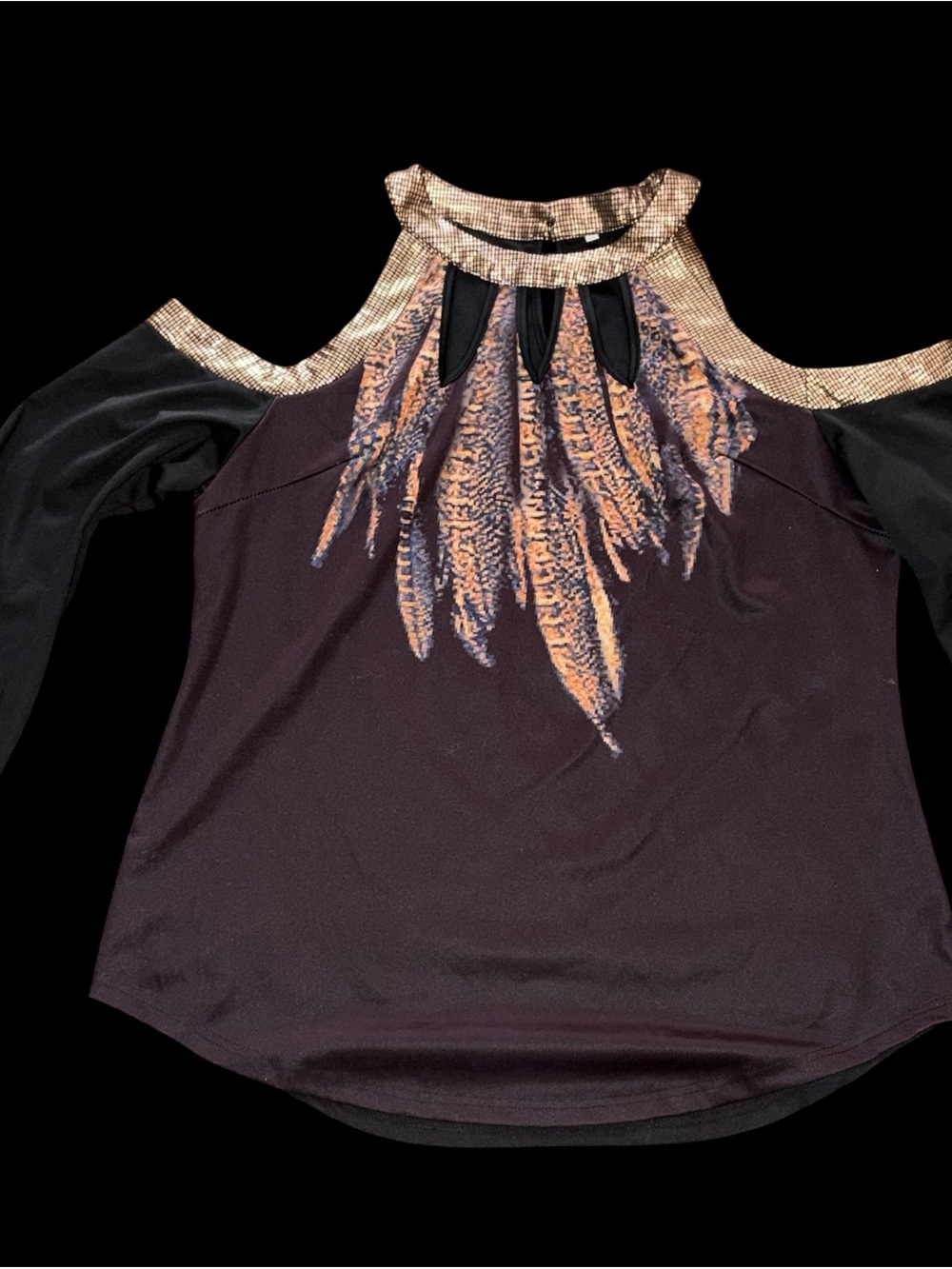 Source Unknown Black Cold-Shoulder Blouse with Gold Feather Detail
